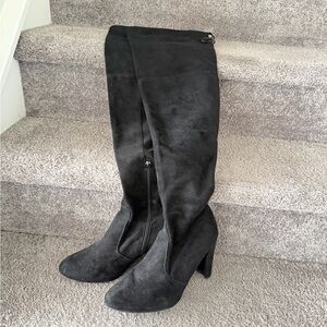 Black Suede Over-the-Knee High Heel Boots - Women